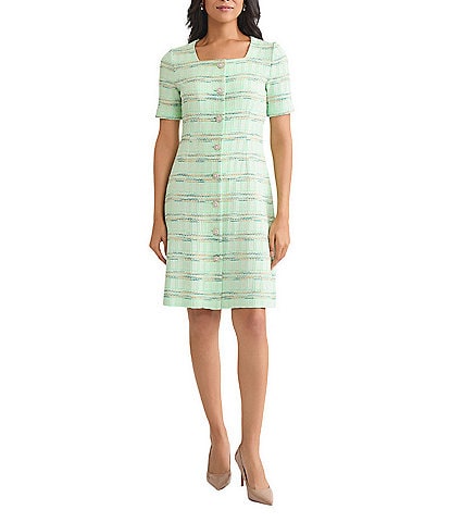 MISOOK Soft Plaid Knit Square Neck Short Sleeve A-Line Dress