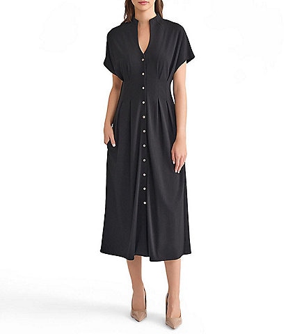 MISOOK Stand Collar V-Neck Short Dolman Sleeve Button Front Dress