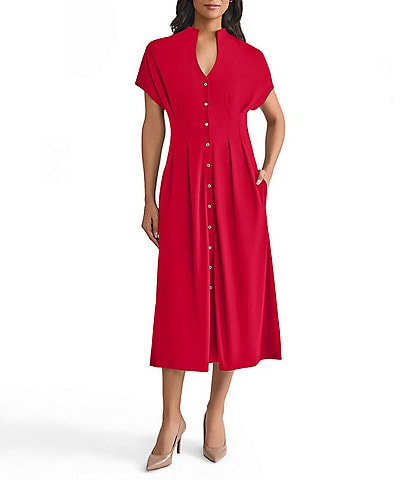 MISOOK Stand Collar V-Neck Short Dolman Sleeve Button Front Dress