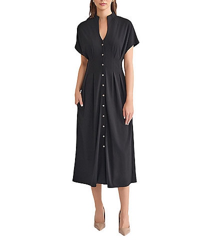 MISOOK Stand Collar V-Neck Short Dolman Sleeve Button Front Dress