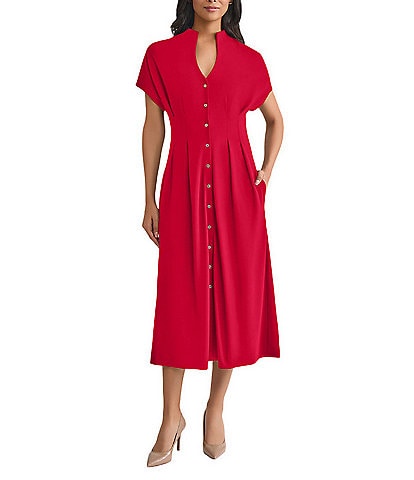 MISOOK Stand Collar V-Neck Short Dolman Sleeve Button Front Dress
