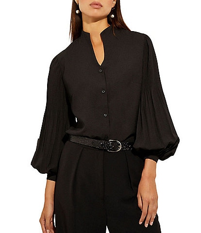 MISOOK Stretch Crepe Funnel Neck Pleated Bishop Sleeve Blouse