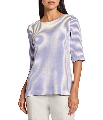 MISOOK Stripe Knit Round Neck Elbow Sleeve Tunic