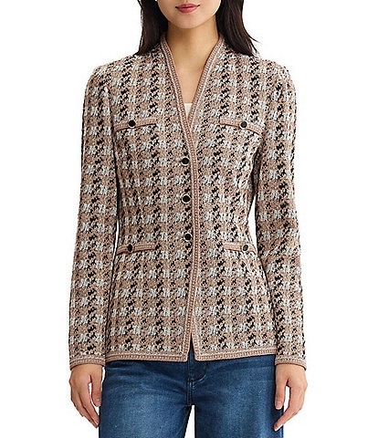 MISOOK Tailored Houndstooth Tweed Knit Wrinkle-Resistant Button-Front Jacket