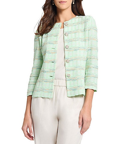 MISOOK Tailored Soft Plaid Textured Knit Round Neck Bracelet Sleeve Jacket