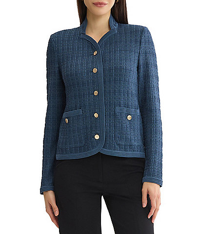 MISOOK Tonal Tweed Knit Sculpted Stand Collar Long Sleeve Button-Front Jacket