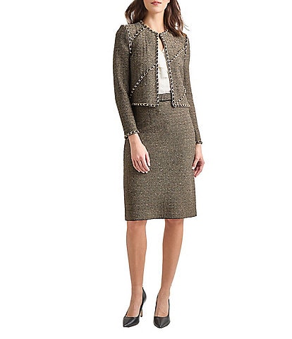 MISOOK Tweed Knit Lurex Round Neck Long Sleeve Chain Trim Jacket & Coordinating Lurex Knit Pencil Pull-On Skirt