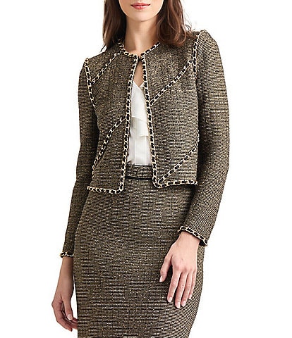 MISOOK Coordinating Tweed Knit Lurex Round Neck Long Sleeve Chain Trim Jacket