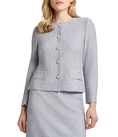 MISOOK Tweed Knit Round Neck Long Sleeve Jacket