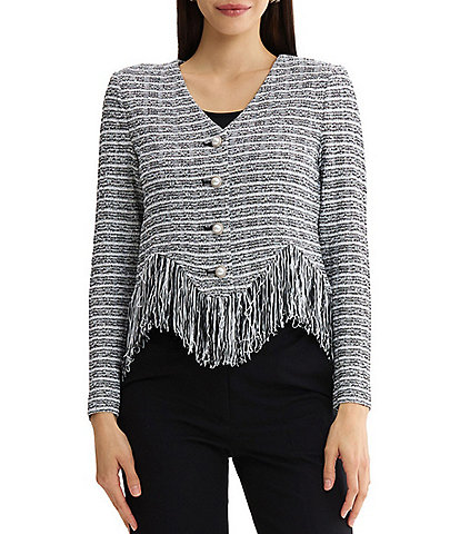 MISOOK Tweed Knit Striped V-Neck Long Sleeve Chevron Fringe Trim Button-Front Jacket
