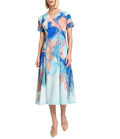 MISOOK Watercolor Crepe V-Neck Short Sleeve Dress