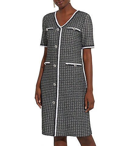 MISOOK Windowpane Plaid Print V-Neck Short Sleeve Faux Button Front Knit Dress