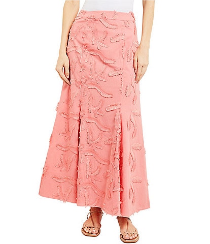 MISOOK Woven Fringe Floral Applique Pleated A-Line Coordinating Maxi Skirt
