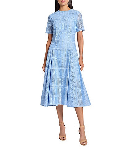 MISOOK Woven Lace Crew Neck Short Sleeve Fit-And-Flare Midi Dress