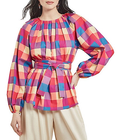 MISOOK Woven Plaid Print Round Neck Long Sleeve Belted Blouse