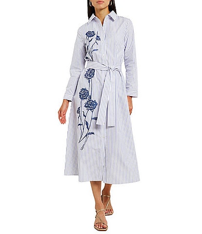 MISOOK Woven Stripe Print Point Collar Long Sleeve Floral Embroidered Belted Midi Shirt Dress