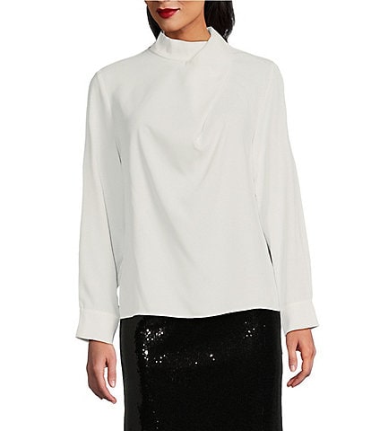 Misook Woven Swoop Chepe De Chine Mock Neck Long Sleeve Blouse