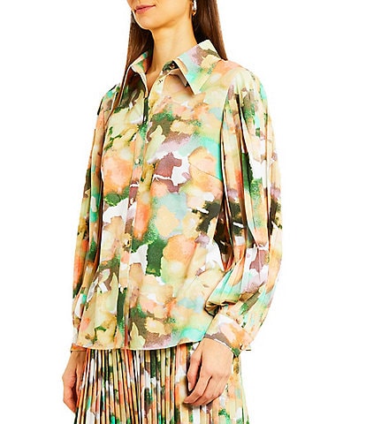 MISOOK Woven Watercolor Print Point Collar Long Pleated Sleeve Button-Front Blouse