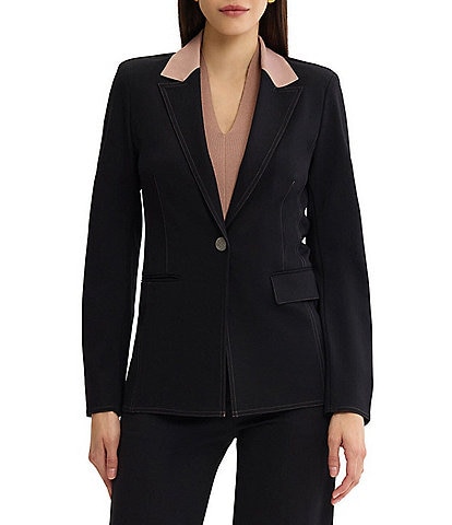 MISOOK Wrinkle-Resistant Tailored Luxe Stretch Ponte Peak Lapel Long Sleeve One-Button Jacket