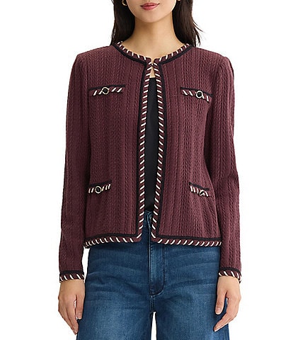 MISOOK Wrinkle Resistant Whipstitch Cable Knit Split Round Neck Long Sleeve Jacket
