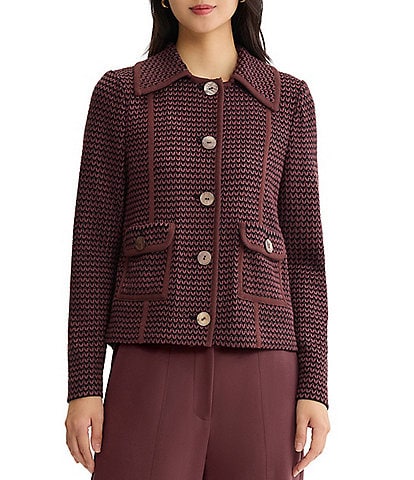 MISOOK Wrinkle-Resistant Zig-Zag Knit Point Collar Long Sleeve Button-Front Jacket