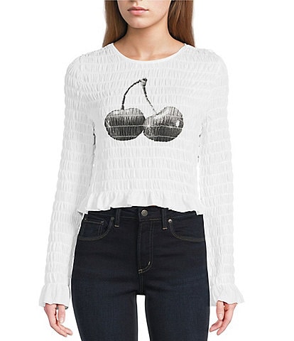 Miss Chievous Cherry Graphic Shirred Long Sleeve Top