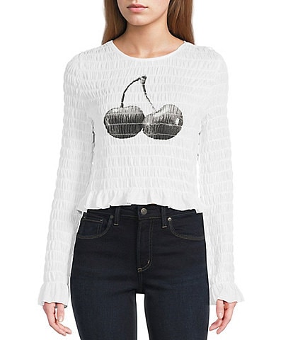 Miss Chievous Cherry Graphic Shirred Long Sleeve Top