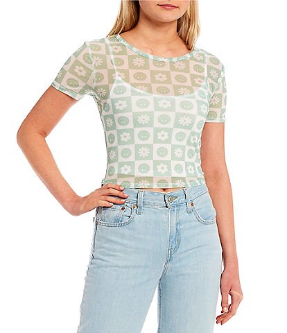 Miss Chievous Floral/Smiley Face Checkered Mesh Two-Fer Crop Top