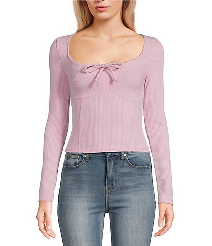 Miss Chievous Long Sleeve Tie Front Rib Knit Top