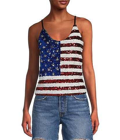 Miss Chievous Sleeveless Sequin Front American Flag Tank Top