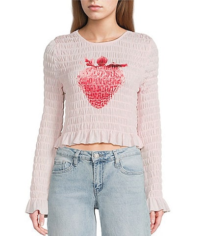 Miss Chievous Strawberry Graphic Shirred Long Sleeve Top