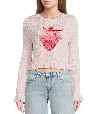 Miss Chievous Strawberry Graphic Shirred Long Sleeve Top