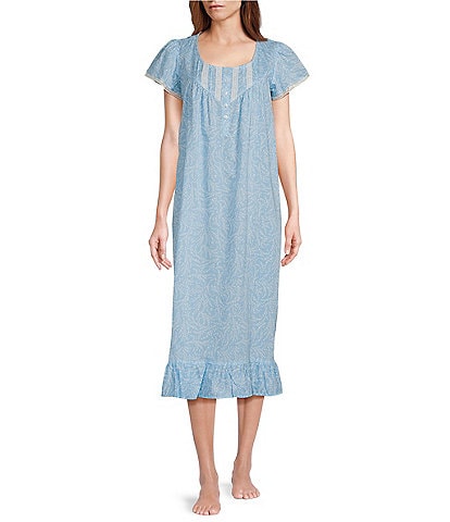 Miss Elaine Branches Printed Short Sleeve Round Neck Cotton Woven Long Nightgown
