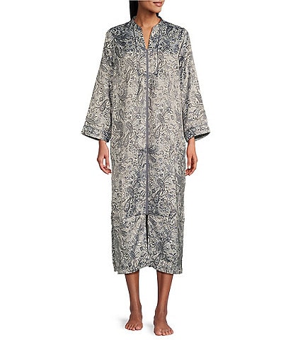 Miss Elaine Brushed Back Satin Long Sleeve Mandarin Collar Long Zip-Front Paisley Robe