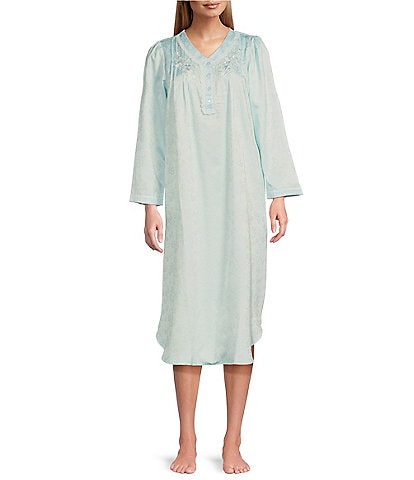 Miss Elaine Brushed Back Satin Long Sleeve V-Neck Long Nightgown