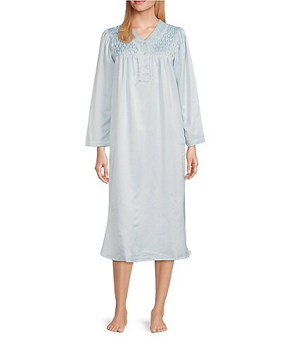 Miss Elaine Brushed Back Satin V-Neck Long Sleeve Nightgown