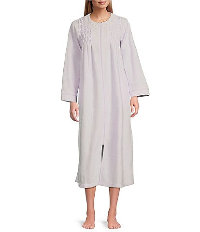 Miss Elaine Brushed Back Terry Solid Long Zip-Front  Robe