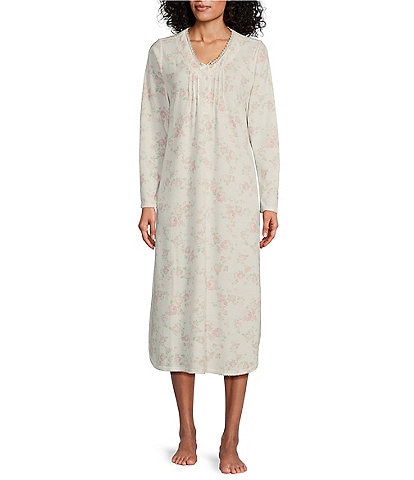 Miss Elaine Brushed Rose Vine Print Honeycomb Knit Long Gown