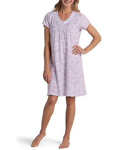 Miss Elaine Contessa Floral Paisley Print Short Sleeve V Neck Knit Short Nightgown