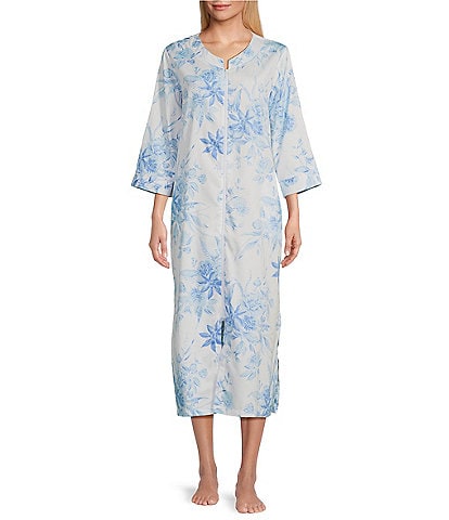 Miss Elaine Garden Print Cotton Sateen Long Zip-Front Robe