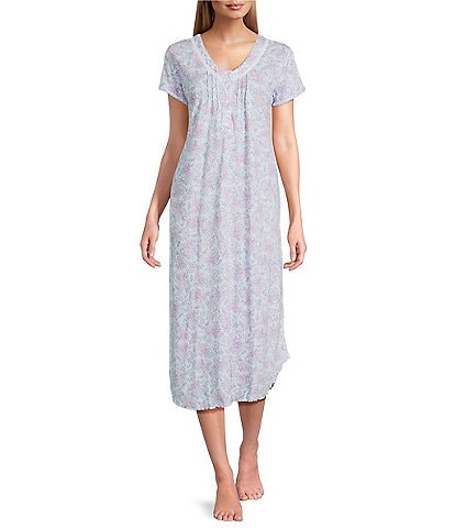 Miss Elaine Cottonessa Floral Paisley Print Short Sleeve V-Neck Knit Long Nightgown