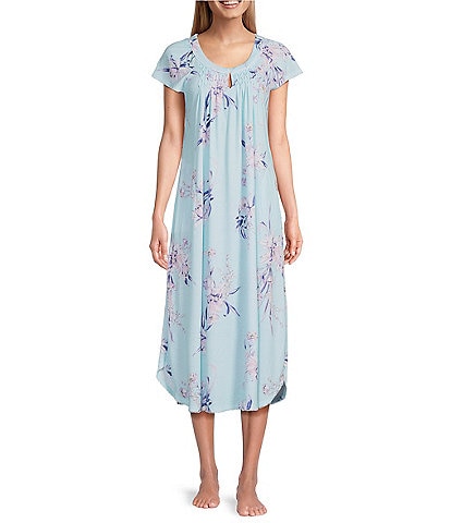 Miss Elaine Cottonessa Floral Print Short Sleeve Round Neck Long Nightgown