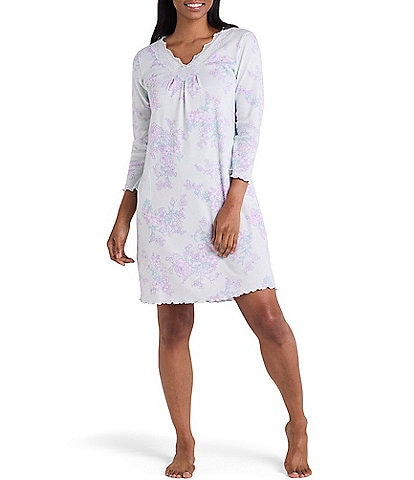 Miss Elaine Cottonessa Long Sleeve V-Neck Knit Bouquet Print Short Nightgown