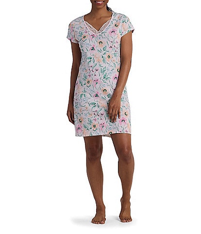 Miss Elaine Floral Passion Print Short Sleeve V-Neck Knit Cotton Knee Length Nightgown