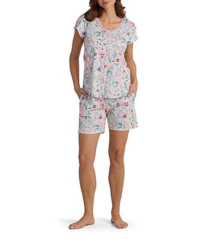 Miss Elaine Floral Passion Print Short Sleeve V-Neck Knit Cotton Shorty Pajama Set