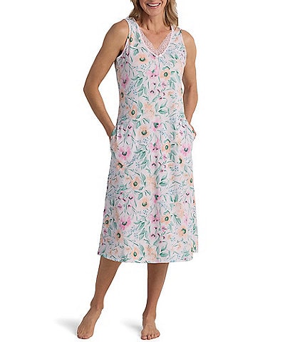 Miss Elaine Floral Passion Print Sleeveless V Neck Knit Cotton Long Nightgown