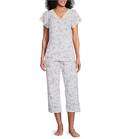 Miss Elaine Floral Print Knit Short Sleeve V-Neck Capri Pajama Set