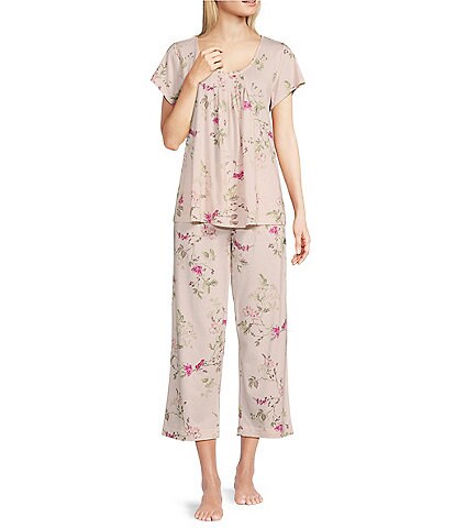 Miss Elaine Floral Print Short Sleeve Scoop Neck Cropped Knit Pajama Set