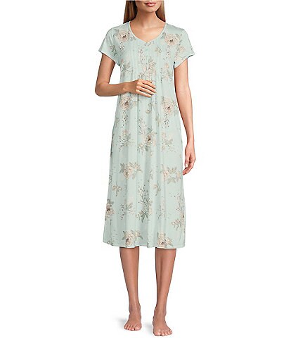Miss Elaine Floral Print Short Sleeve V-Neck Luxe Knit Nightgown