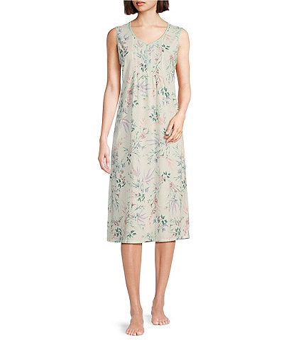 Miss Elaine Floral Print Sleeveless V-Neck Cotton Knit Midi Nightgown
